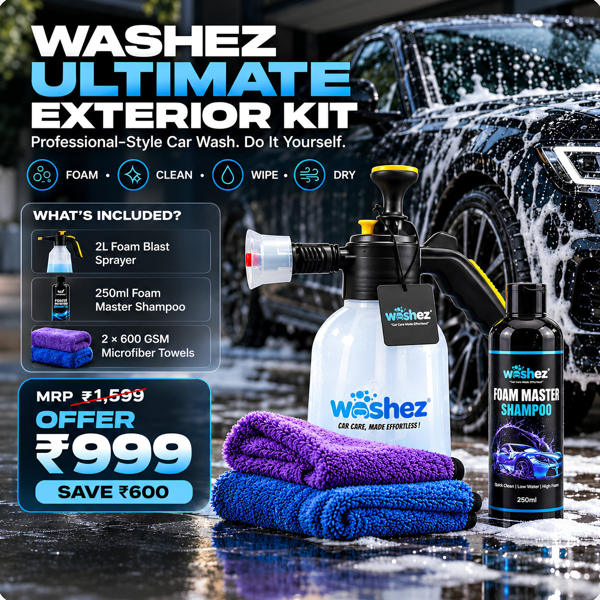 Washez Ultimate Exterior Kit with 2L foam sprayer, shampoo and 2 microfiber towels