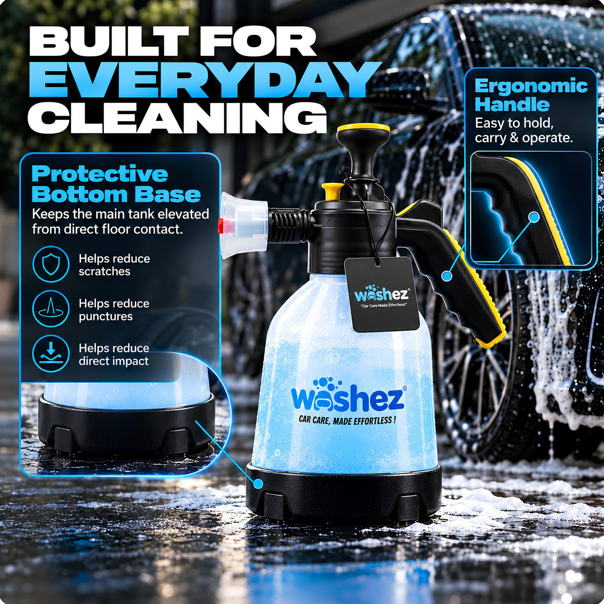Washez sprayer protective bottom base and ergonomic handle